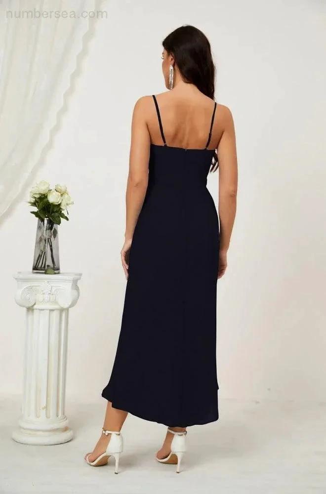 Numbersea Spaghetti Chiffon V Neck Bridesmaid Dress Mid-Length Slit Formal Prom Dress Homecoming Dress 2803 by numbersea