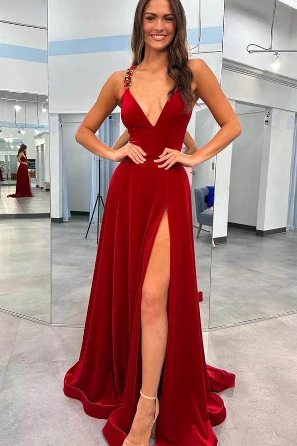 Dark Red Velvet Prom Gown V Neck Straps Prom Dress With Split PSK545 by pgmdress