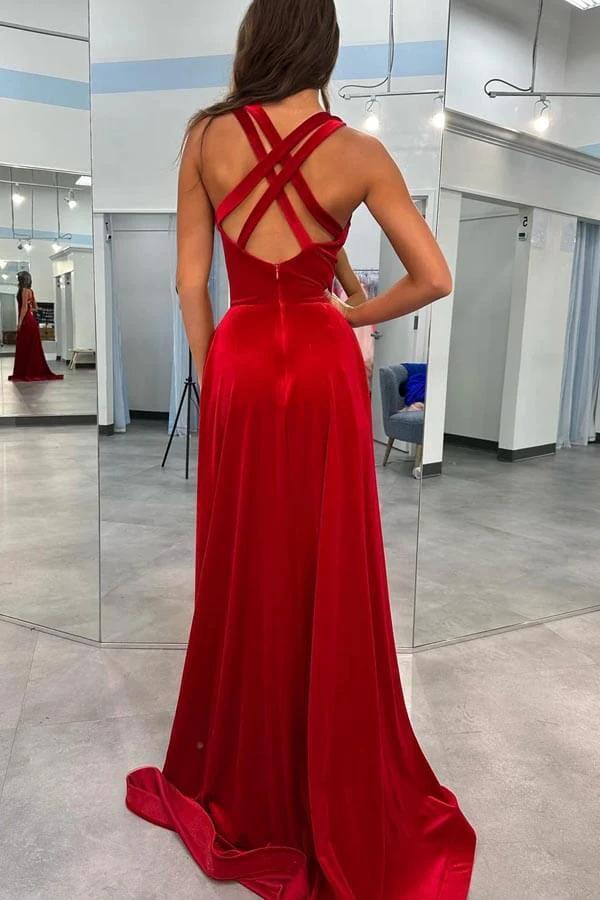 Dark Red Velvet Prom Gown V Neck Straps Prom Dress With Split PSK545 by pgmdress