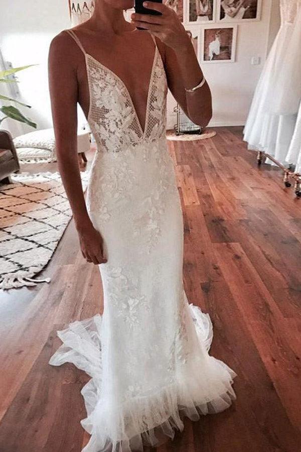 Deep V-Neck Mermaid Ivory Backless Lace Wedding Dress WD606 by pgmdress