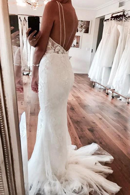 Deep V-Neck Mermaid Ivory Backless Lace Wedding Dress WD606 by pgmdress