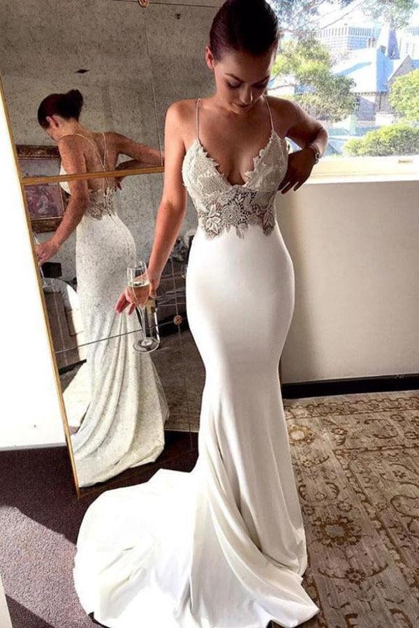 Deep V Neck Mermaid Spaghetti Straps Backless Wedding Dress WD586 by pgmdress