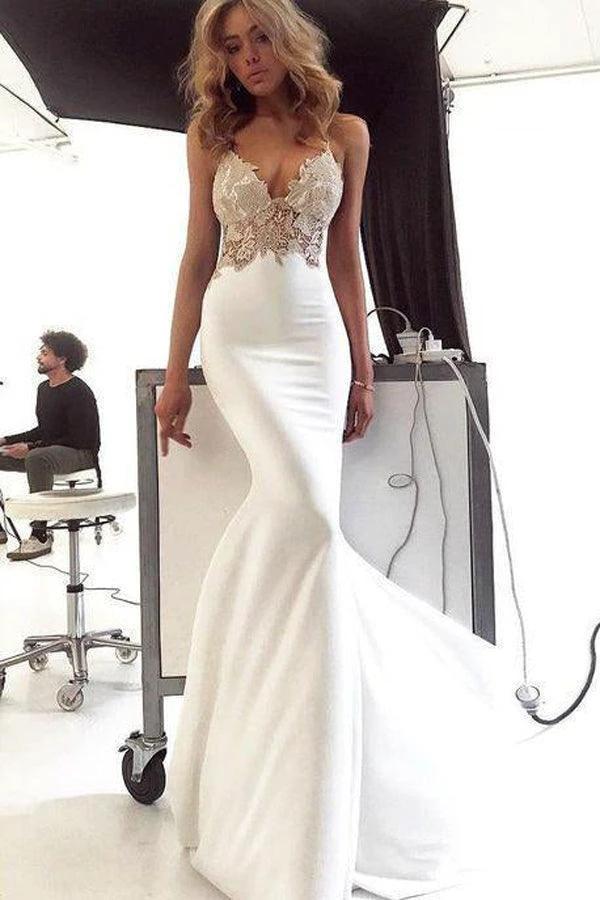 Deep V Neck Mermaid Spaghetti Straps Backless Wedding Dress WD586 by pgmdress