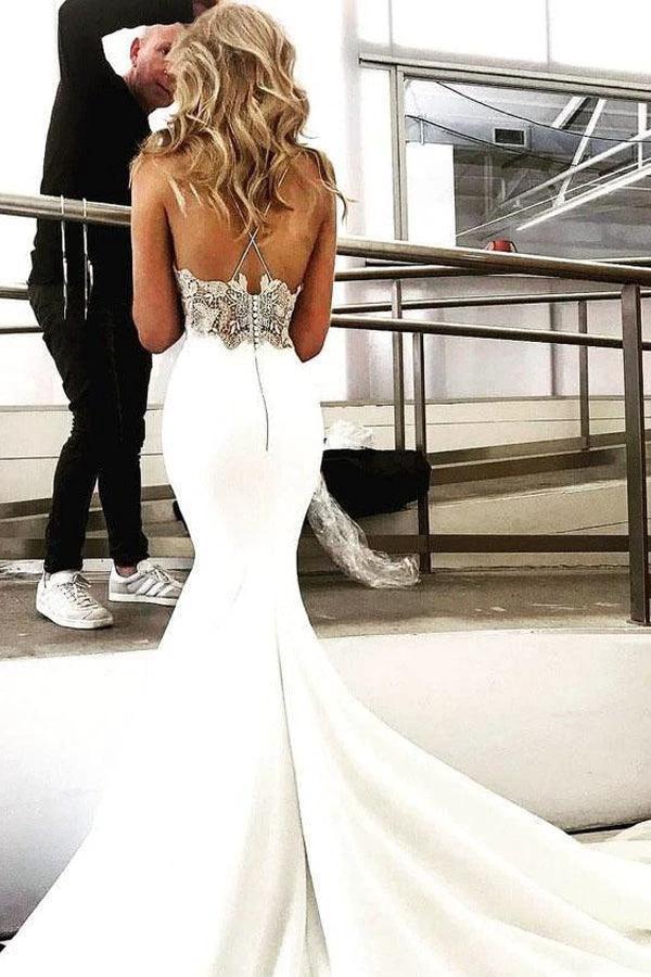 Deep V Neck Mermaid Spaghetti Straps Backless Wedding Dress WD586 by pgmdress
