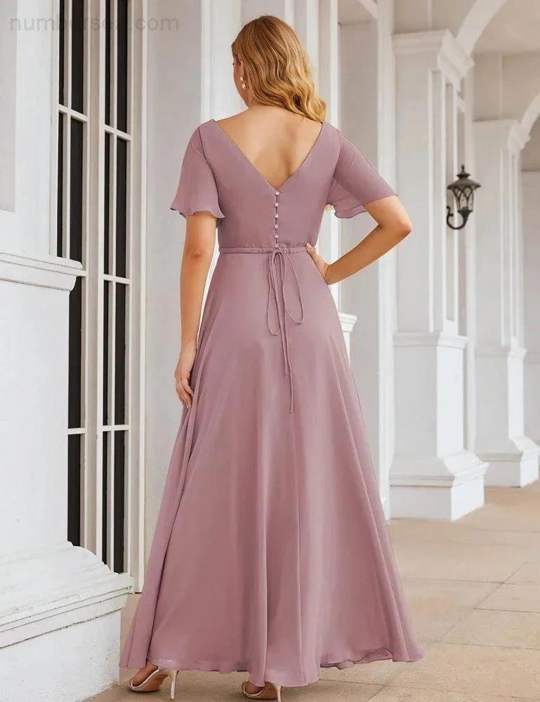 Numbersea Wrap V-Neck Chiffon Bridesmaid Dresses Long Formal Maxi Evening Gown for Wedding Guests SEA28049 by numbersea