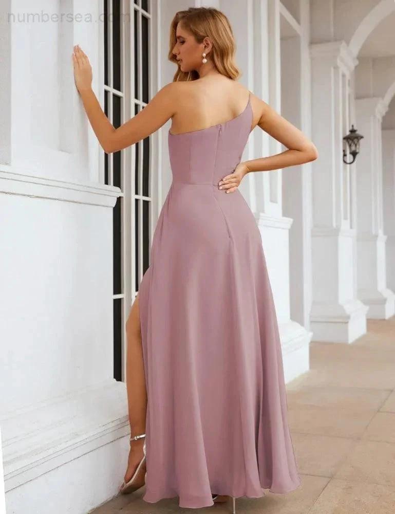 Numbersea One Shoulder Chiffon Bridesmaid Dresses Long Formal Homecoming Prom Gowns for Women Party Wedding Evening SEA28052 by numbersea