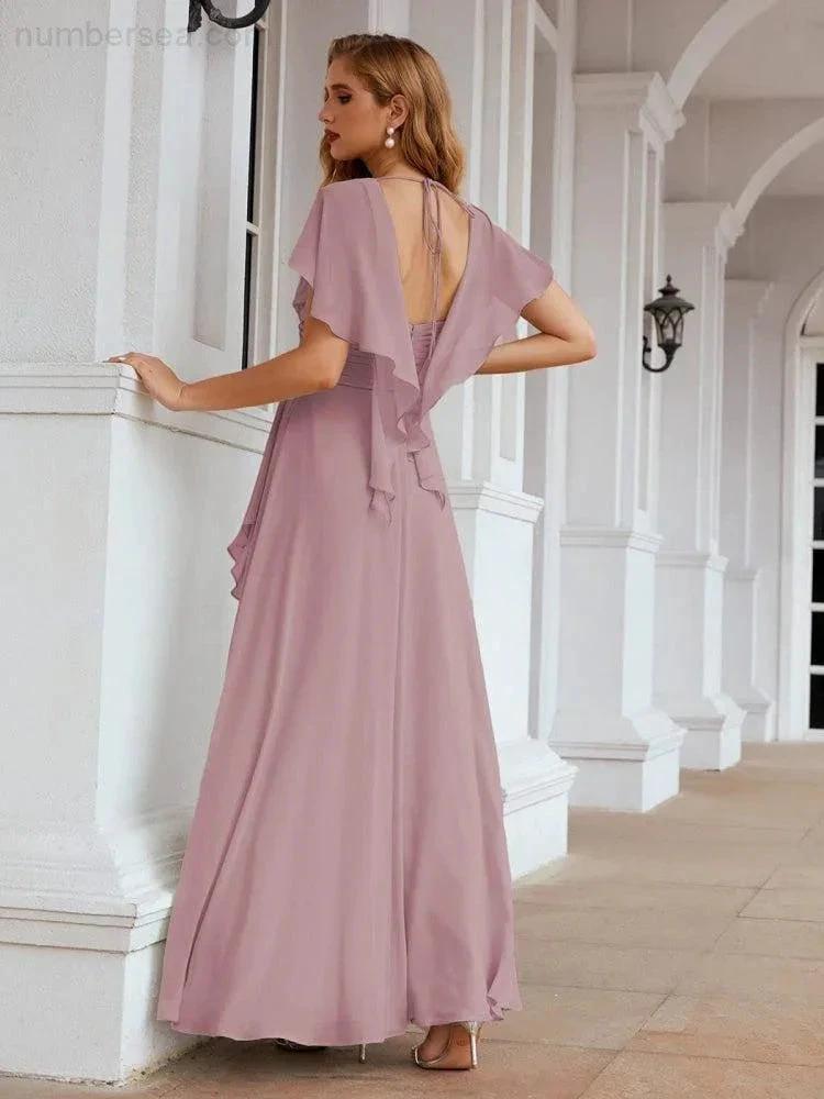 Numbersea Chiffon Bridesmaid Dresses Long Formal Evening Prom Mother of The Bride Dress with Flutter Sleeve SEA28040 by numbersea