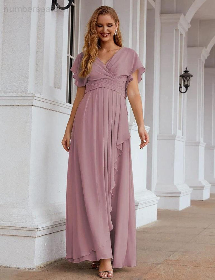Numbersea Chiffon Bridesmaid Dresses Long Formal Evening Prom Mother of The Bride Dress with Flutter Sleeve SEA28040 by numbersea