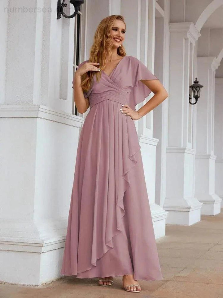 Numbersea Chiffon Bridesmaid Dresses Long Formal Evening Prom Mother of The Bride Dress with Flutter Sleeve SEA28040 by numbersea
