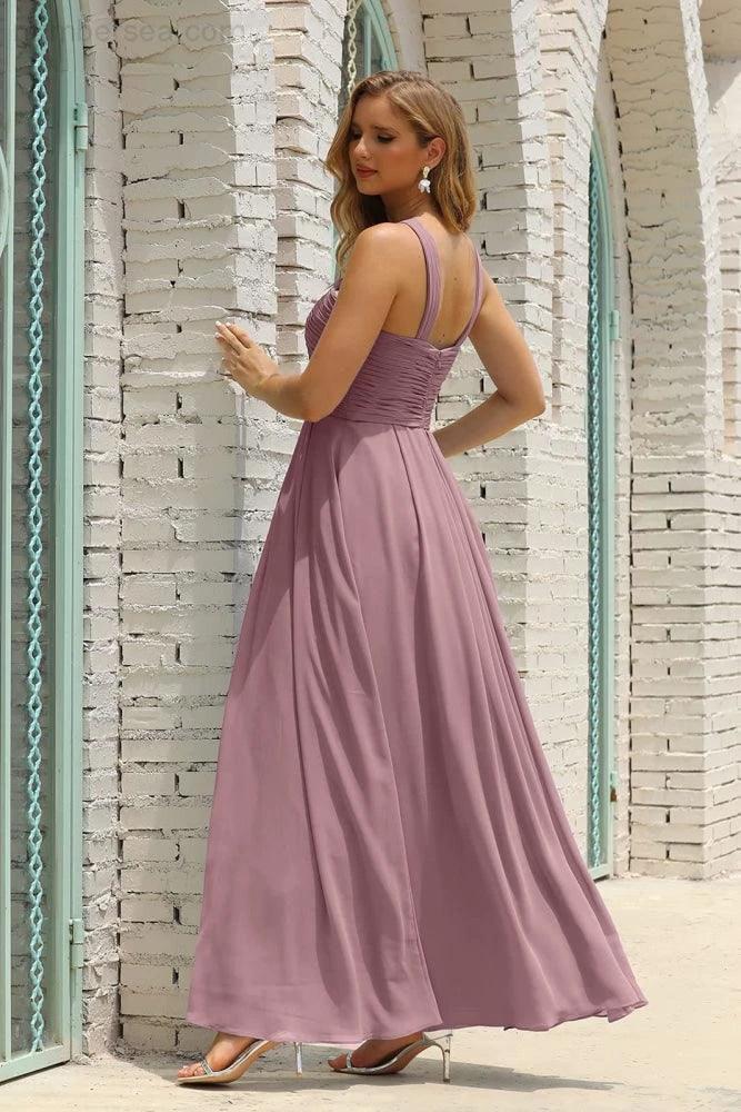 Numbersea Women Halter Chiffon Bridesmaid Dress A-line Long Formal Prom Gown SEA28015 by numbersea