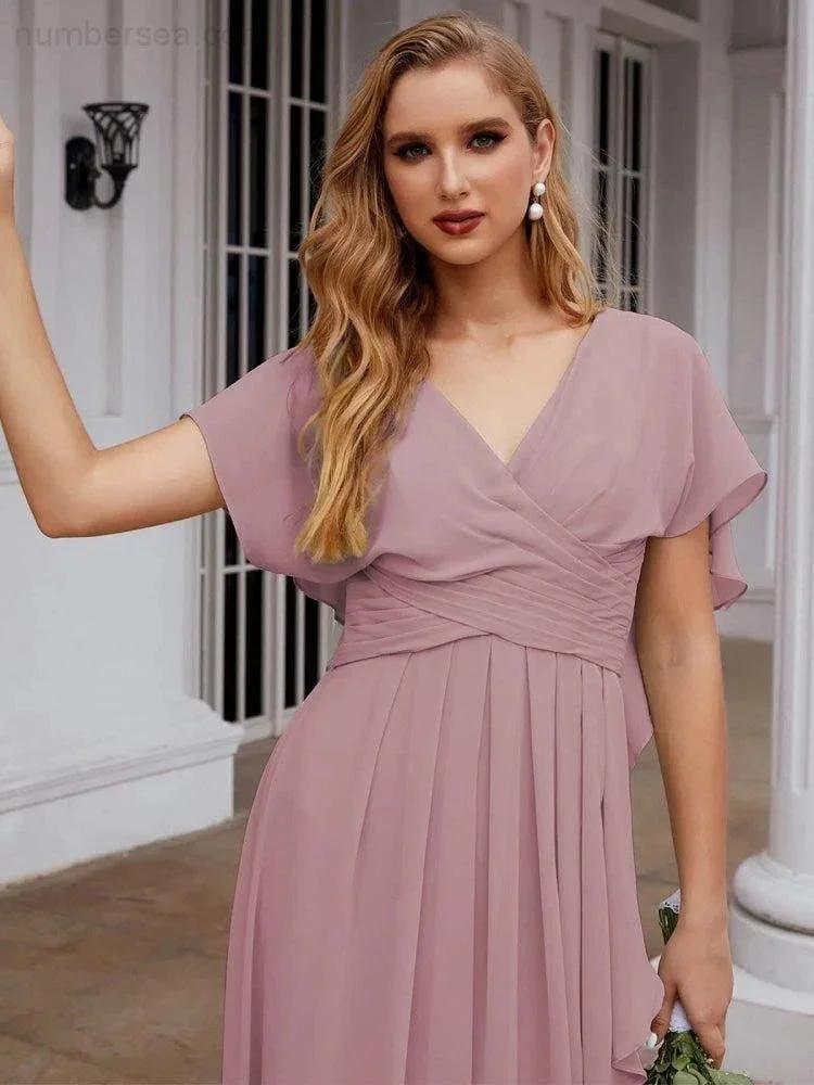 Numbersea Chiffon Bridesmaid Dresses Long Formal Evening Prom Mother of The Bride Dress with Flutter Sleeve SEA28040 by numbersea
