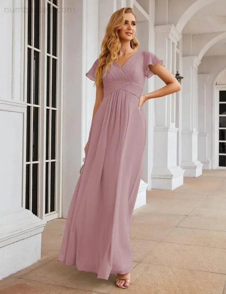 Numbersea Chiffon Bridesmaid Dress Cap Sleeves Maxi Prom Gowns Party Wedding Mother of The Bride Dresses for Women SEA28047 by numbersea