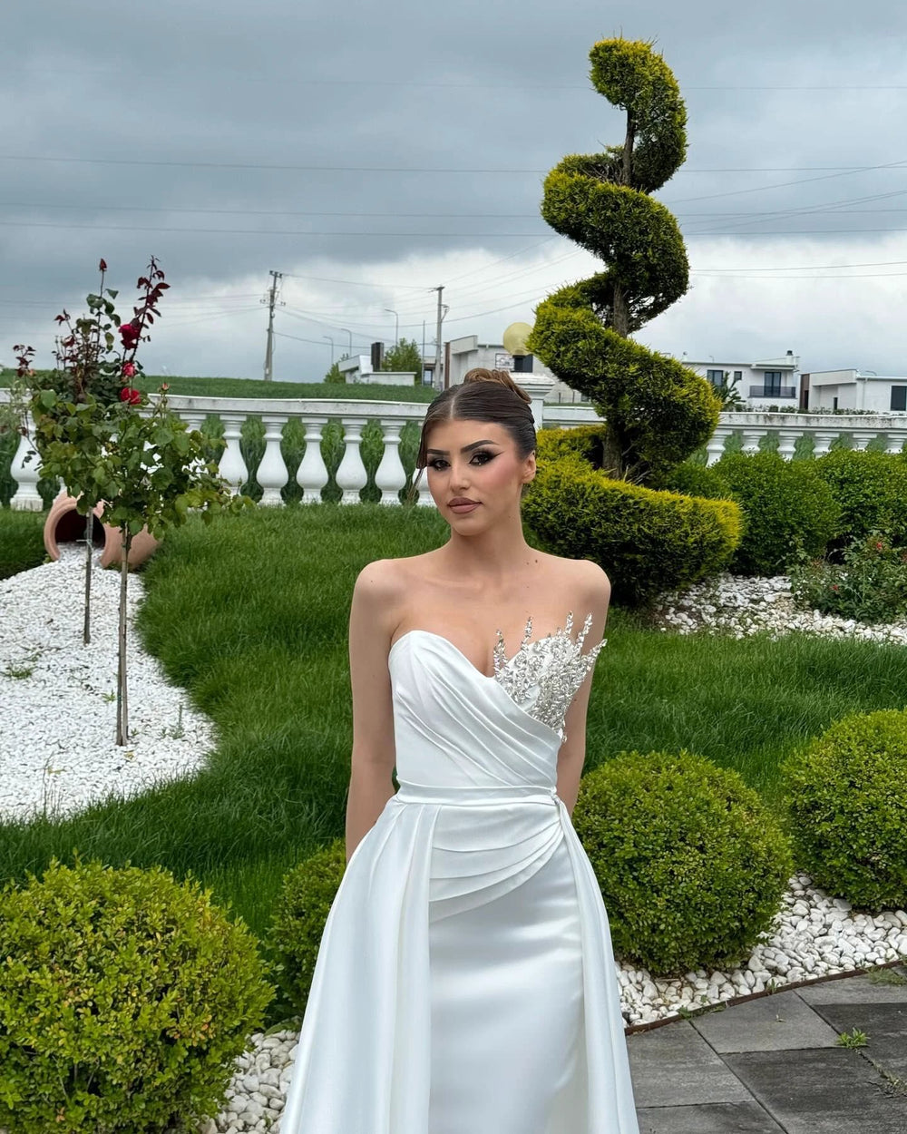 Designer A-Line Sweetheart Sleeveless Rhinestone Satin White Wedding Dress by misshow.com