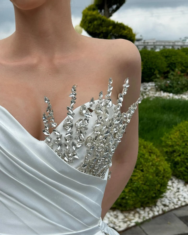 Designer A-Line Sweetheart Sleeveless Rhinestone Satin White Wedding Dress by misshow.com