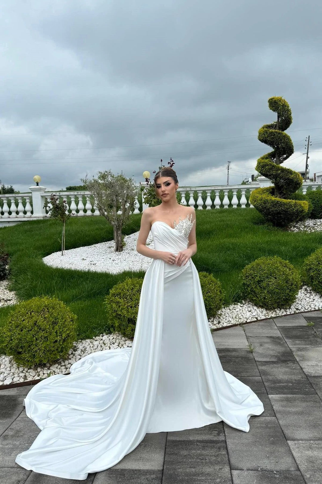 Designer A-Line Sweetheart Sleeveless Rhinestone Satin White Wedding Dress by misshow.com