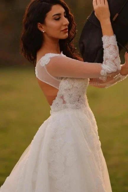 Designer Long A-line V-neck White Lace Wedding Dresses with Long Sleeves by misshow.com