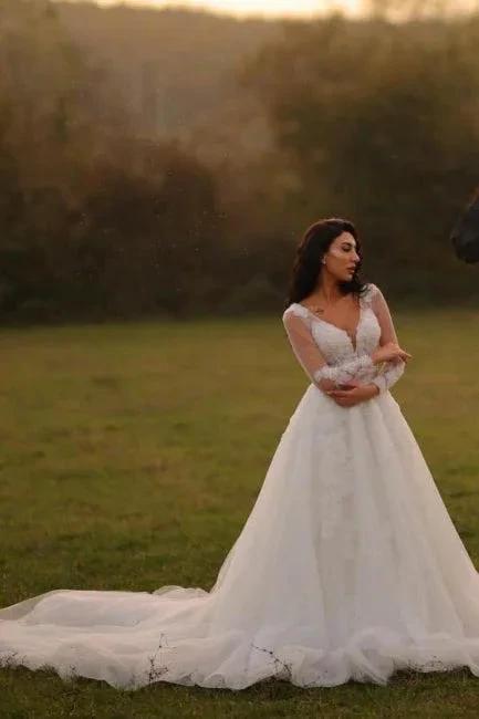 Designer Long A-line V-neck White Lace Wedding Dresses with Long Sleeves by misshow.com