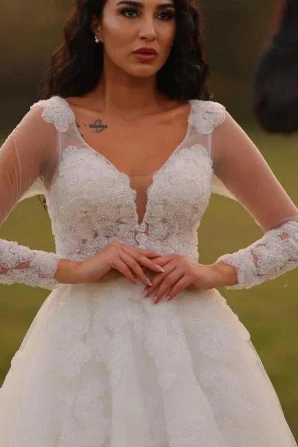 Designer Long A-line V-neck White Lace Wedding Dresses with Long Sleeves by misshow.com