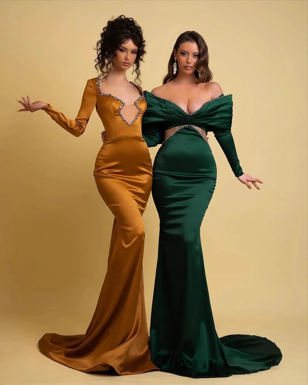 Designer Long Dark Green Mermaid Off-the-shoulder Rhinestones Prom Dress With Long Sleeves by misshow.com