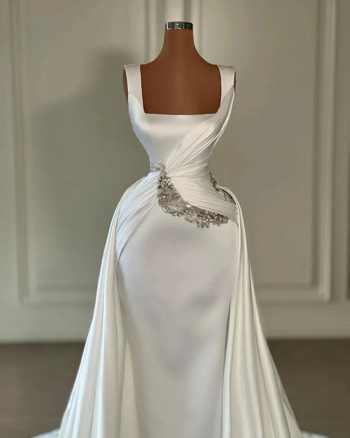 Designer Long Ivory A-line Straps Jewels Sleeveless Wedding Dress With Train by misshow.com