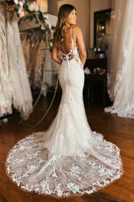 Designer Long Mermaid Spaghetti Straps V-neck Backless Wedding Dress by misshow.com