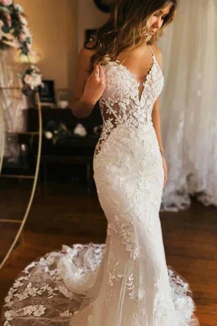 Designer Long Mermaid Spaghetti Straps V-neck Backless Wedding Dress by misshow.com