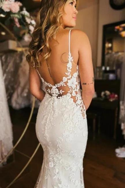 Designer Long Mermaid Spaghetti Straps V-neck Backless Wedding Dress by misshow.com