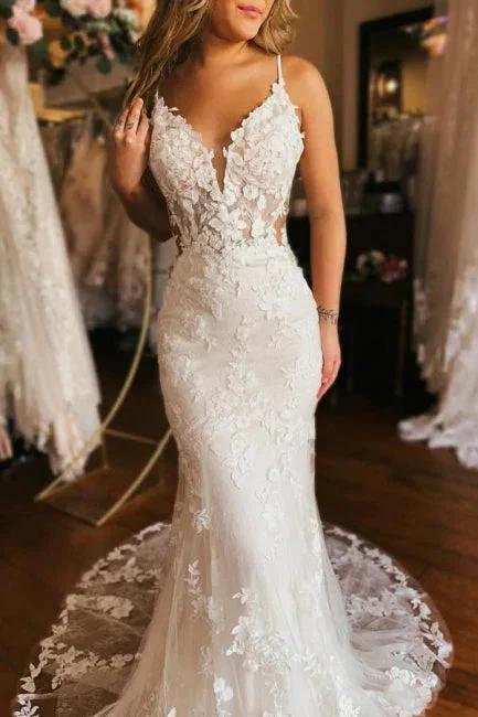 Designer Long Mermaid Spaghetti Straps V-neck Backless Wedding Dress by misshow.com