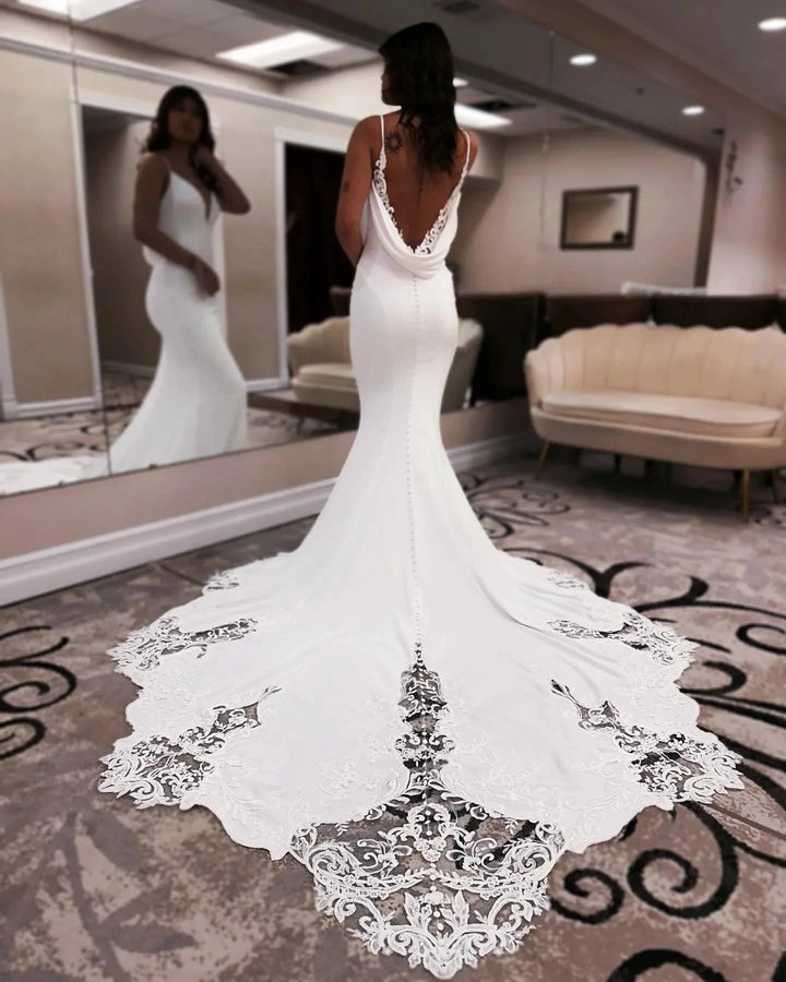 Designer Mermaid Spaghetti Straps Sleeveless Appliques Satin Lace Openback Train Wedding Dresses by misshow.com