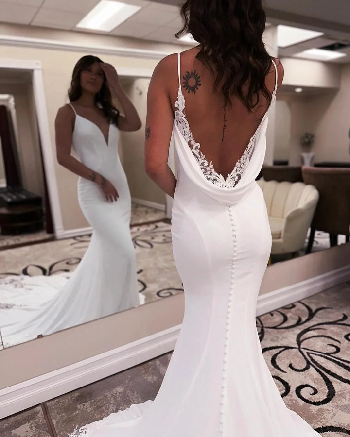 Designer Mermaid Spaghetti Straps Sleeveless Appliques Satin Lace Openback Train Wedding Dresses by misshow.com
