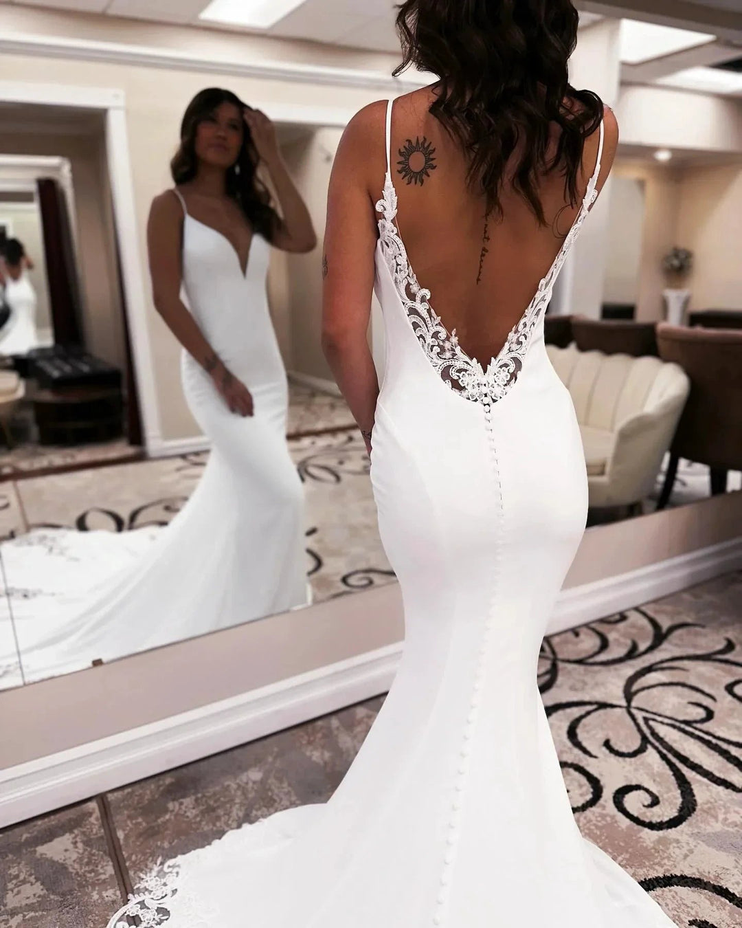 Designer Mermaid Spaghetti Straps Sleeveless Appliques Satin Lace Openback Train Wedding Dresses by misshow.com