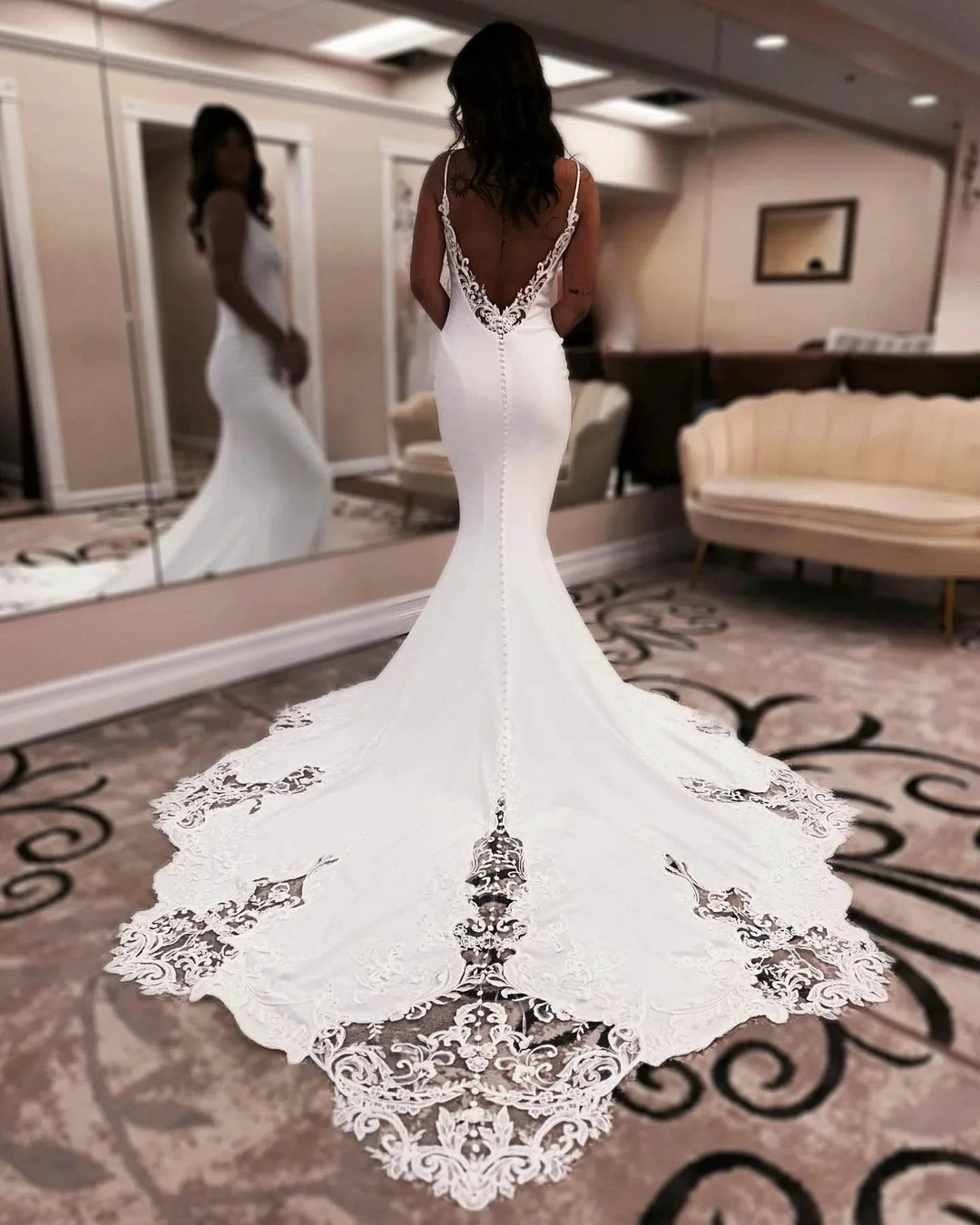 Designer Mermaid Spaghetti Straps Sleeveless Appliques Satin Lace Openback Train Wedding Dresses by misshow.com