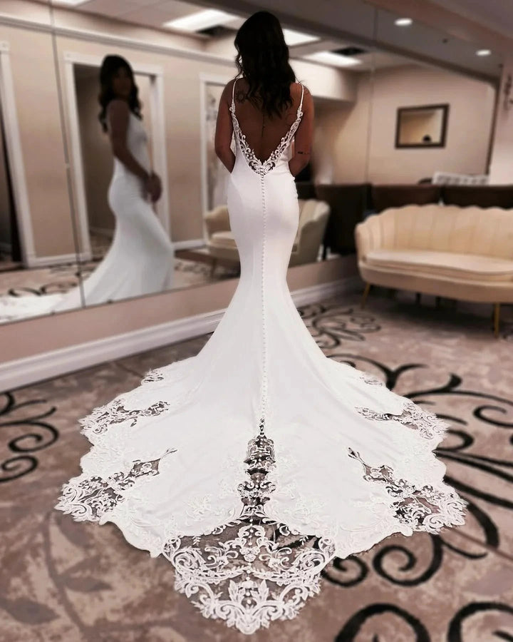 Designer Mermaid Spaghetti Straps Sleeveless Appliques Satin Lace Openback Train Wedding Dresses by misshow.com