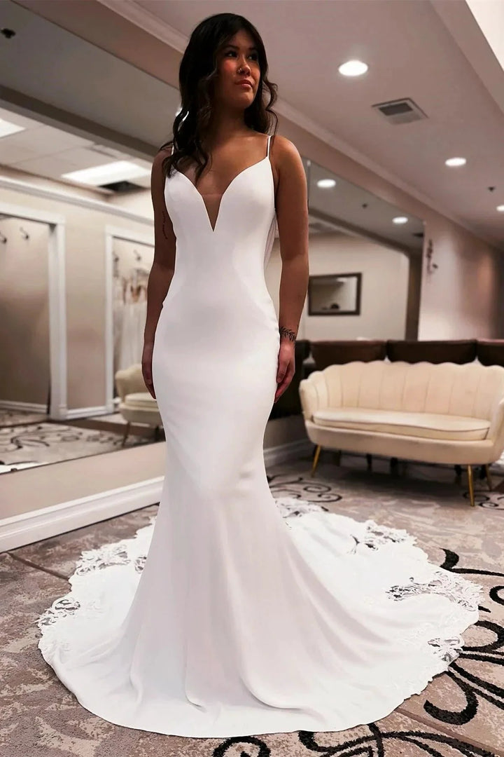 Designer Mermaid Spaghetti Straps Sleeveless Appliques Satin Lace Openback Train Wedding Dresses by misshow.com