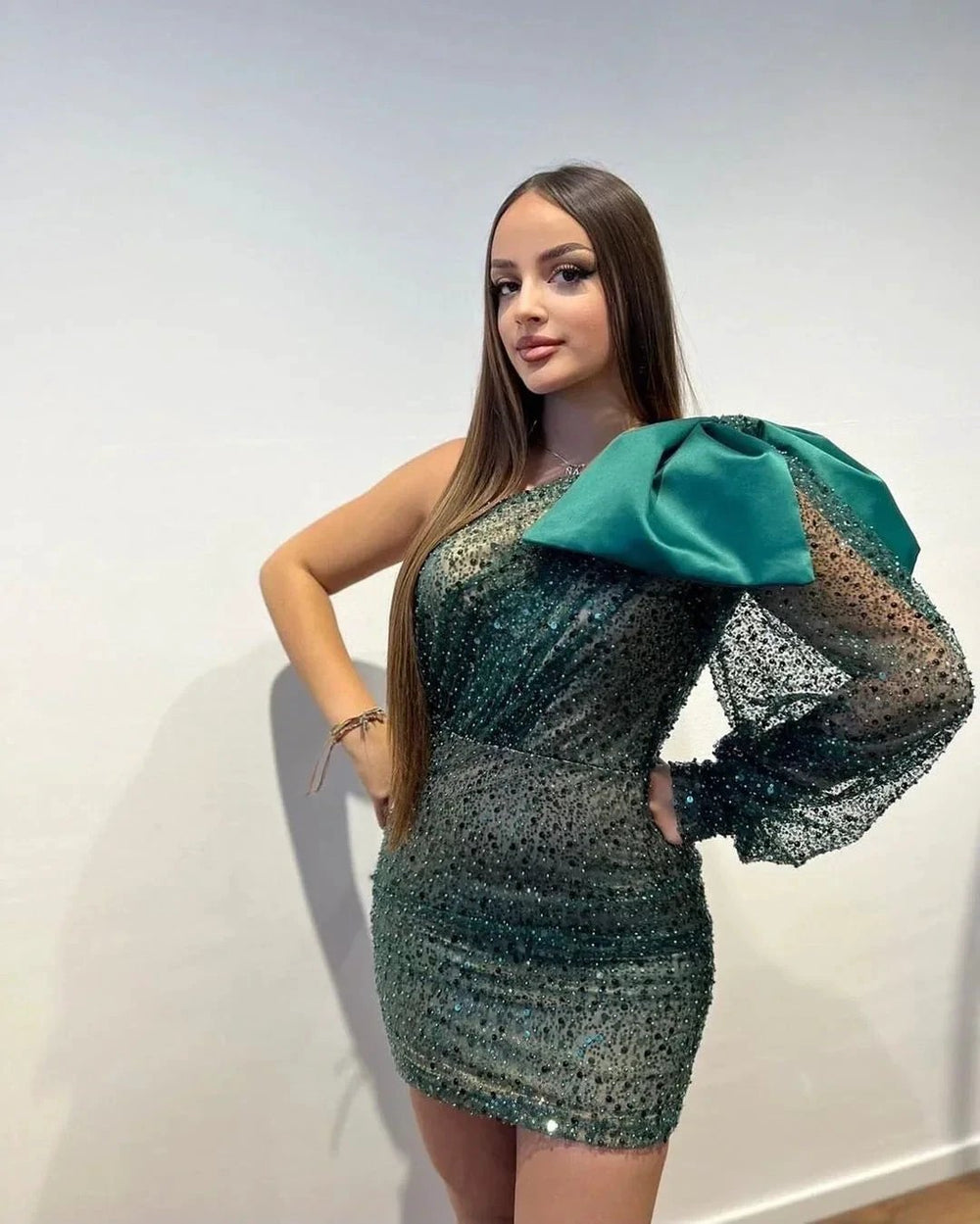 Designer Short One Shoulder Sequined Long Sleeve Tight Prom Dress by misshow.com
