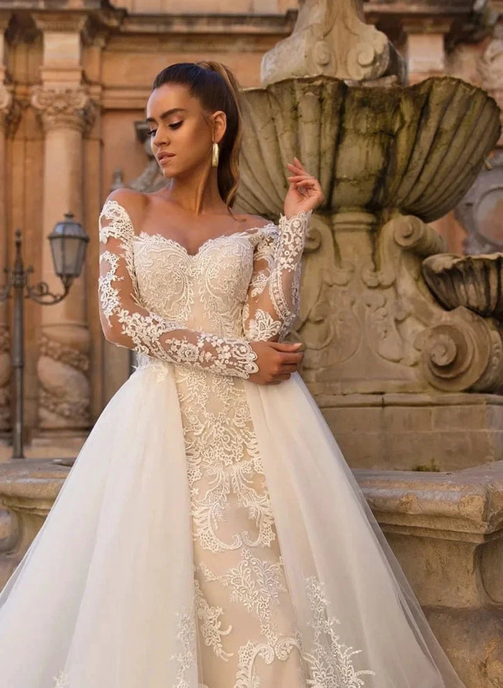 Detachable Train Mermaid Long Sleeves Wedding Dresses Lace Robe De Mariée Vestido De Noiva by payinti