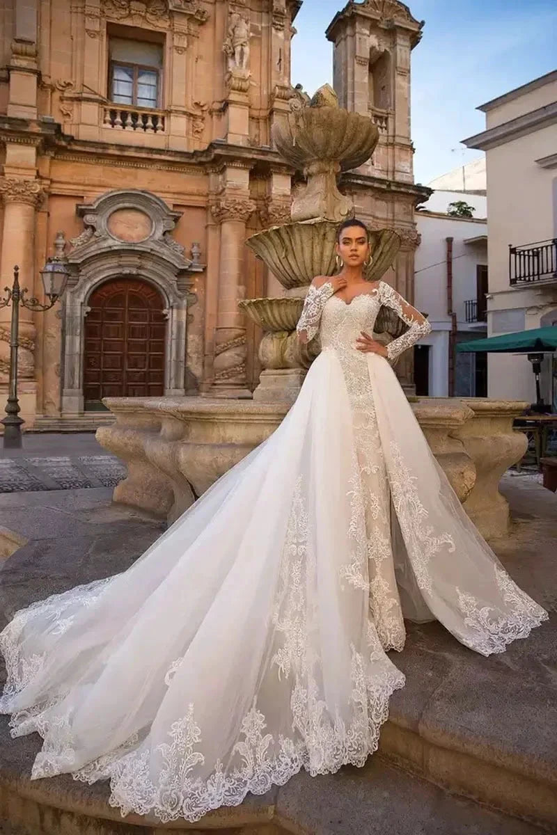 Detachable Train Mermaid Long Sleeves Wedding Dresses Lace Robe De Mariée Vestido De Noiva by payinti