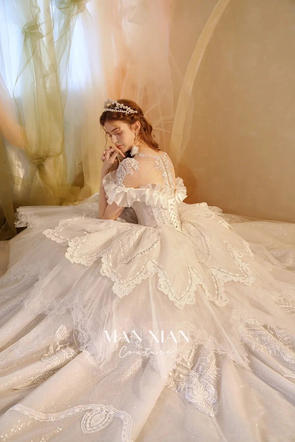 Luminous Ivory Sweetheart Glitter Tulle Ball Gown with Ruffled Sleeves, Pearl Embroidery &amp; Lace Train M013 by ZAPDRESS