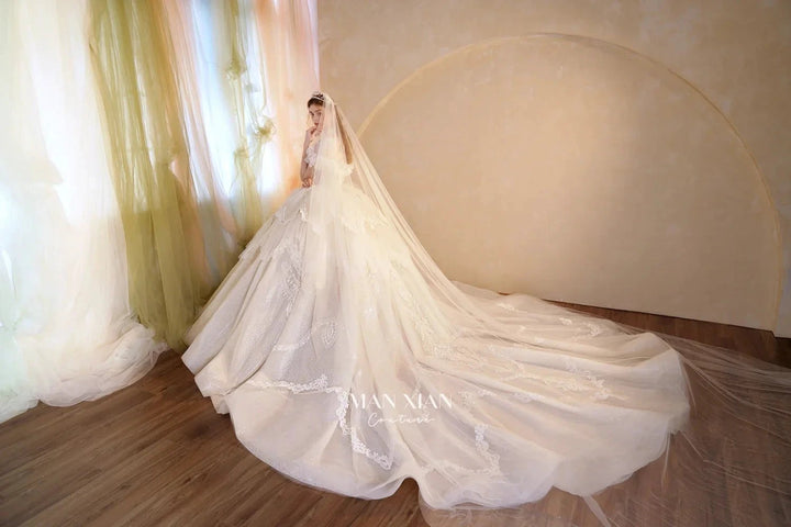 Luminous Ivory Sweetheart Glitter Tulle Ball Gown with Ruffled Sleeves, Pearl Embroidery &amp; Lace Train M013 by ZAPDRESS