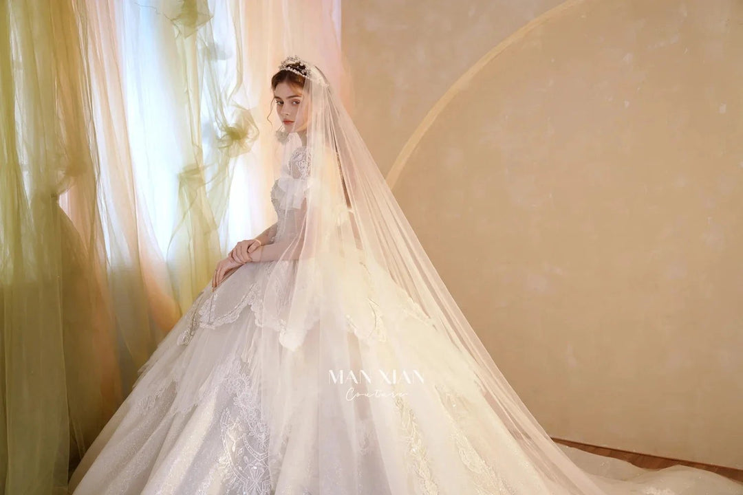 Luminous Ivory Sweetheart Glitter Tulle Ball Gown with Ruffled Sleeves, Pearl Embroidery &amp; Lace Train M013 by ZAPDRESS