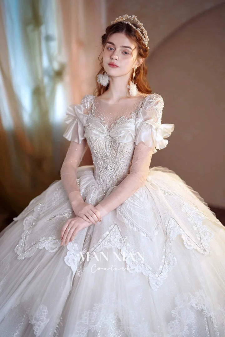 Luminous Ivory Sweetheart Glitter Tulle Ball Gown with Ruffled Sleeves, Pearl Embroidery &amp; Lace Train M013 by ZAPDRESS