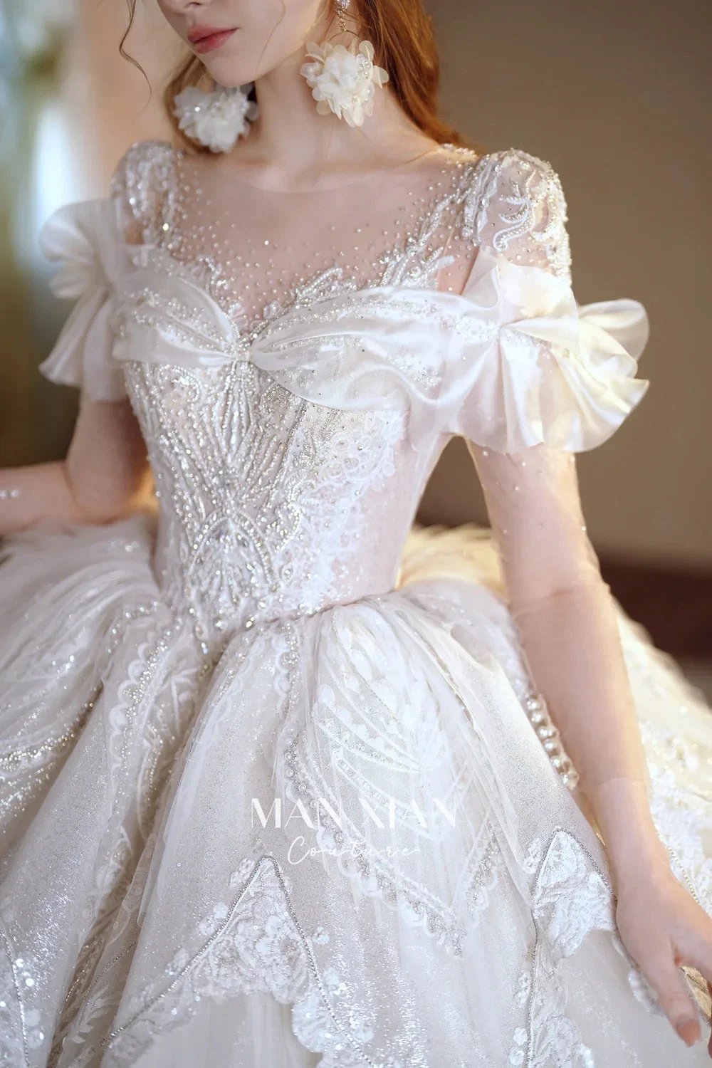 Luminous Ivory Sweetheart Glitter Tulle Ball Gown with Ruffled Sleeves, Pearl Embroidery &amp; Lace Train M013 by ZAPDRESS