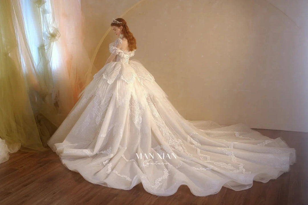 Luminous Ivory Sweetheart Glitter Tulle Ball Gown with Ruffled Sleeves, Pearl Embroidery &amp; Lace Train M013 by ZAPDRESS