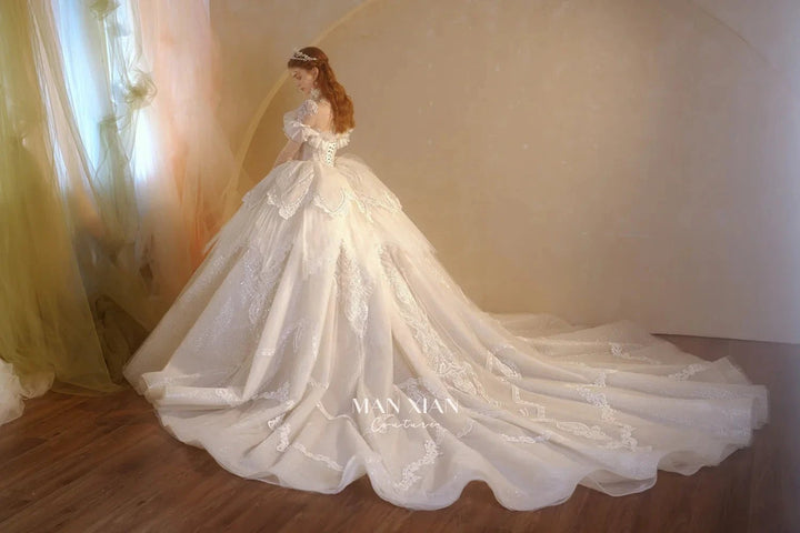 Luminous Ivory Sweetheart Glitter Tulle Ball Gown with Ruffled Sleeves, Pearl Embroidery &amp; Lace Train M013 by ZAPDRESS