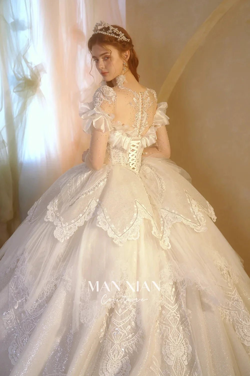Luminous Ivory Sweetheart Glitter Tulle Ball Gown with Ruffled Sleeves, Pearl Embroidery &amp; Lace Train M013 by ZAPDRESS