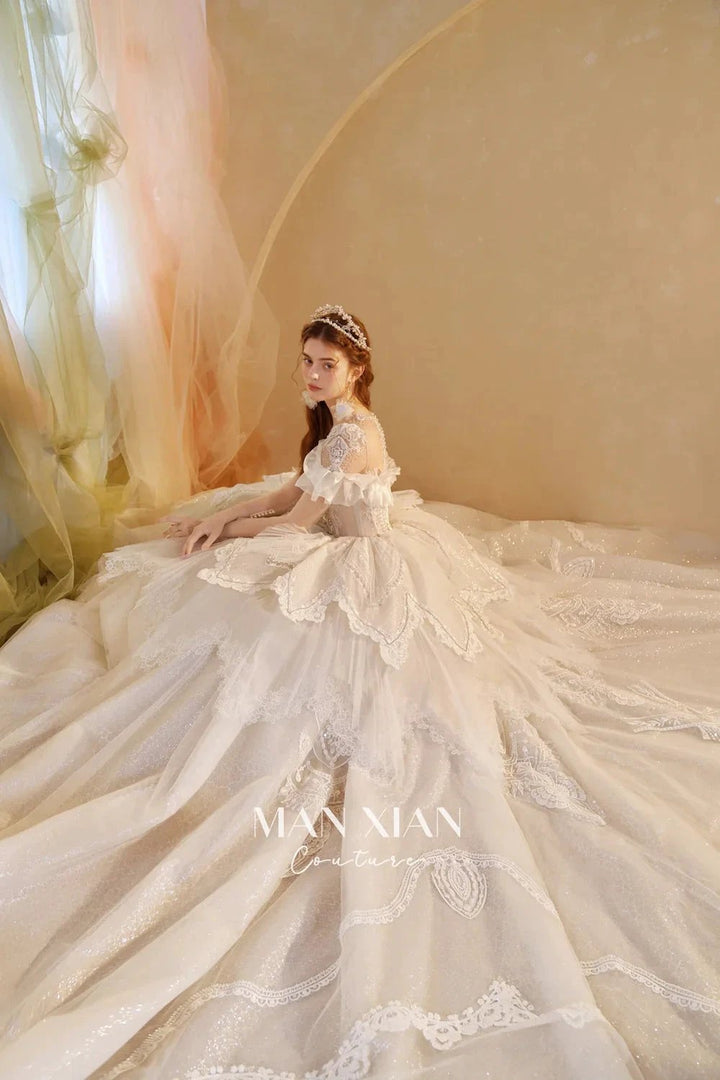 Luminous Ivory Sweetheart Glitter Tulle Ball Gown with Ruffled Sleeves, Pearl Embroidery &amp; Lace Train M013 by ZAPDRESS