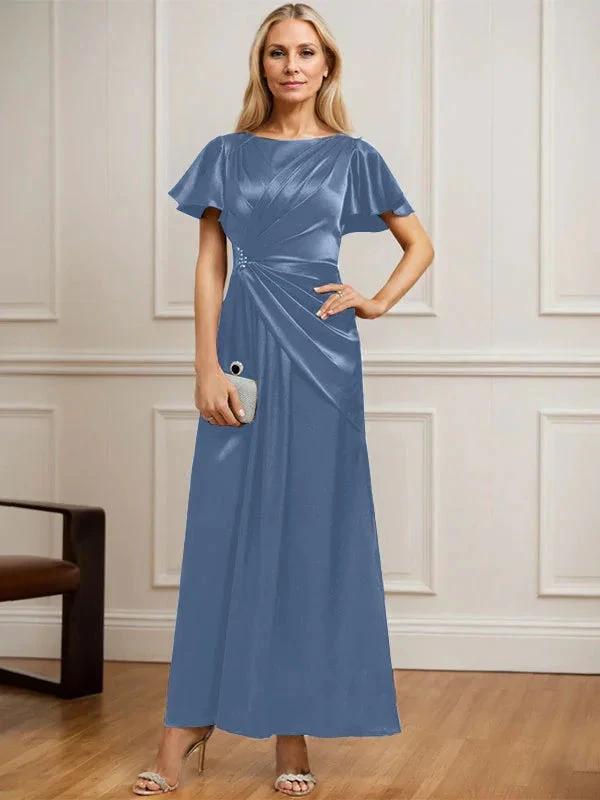 A-line Scoop Ankle-Length Stretch Satin Mother of the Bride Dress With Pleated Beading by Dreamylily