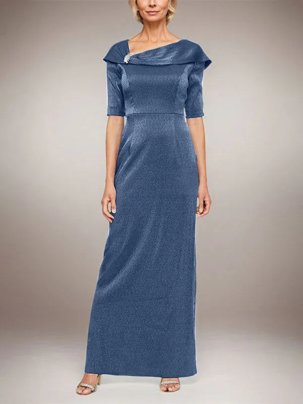 Long Shimmer Column Dress with Foldover Cuff L-Neckline and Elbow Sleeves by Dreamylily