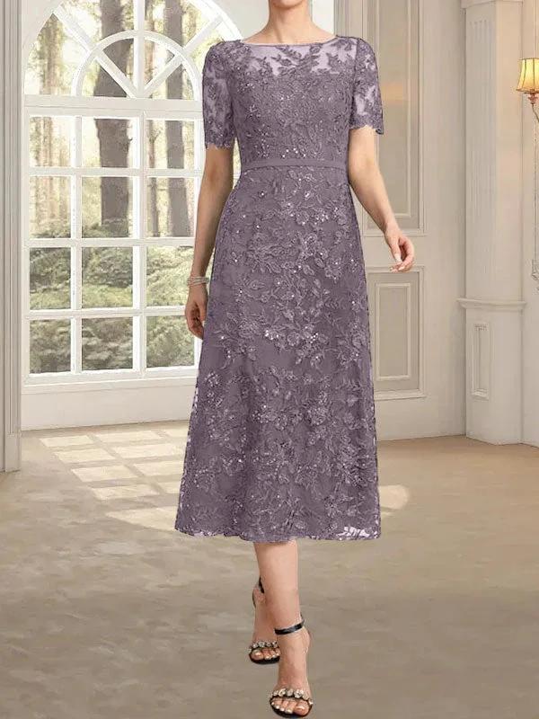 A-line Scoop Illusion Tea-Length Lace Mother of the Bride Dress With Sequins by Dreamylily