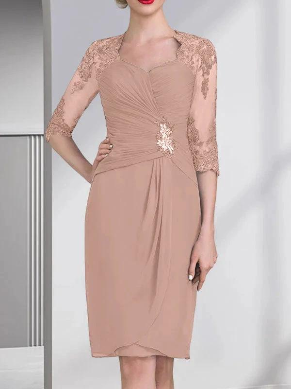 Sheath/Column Sweetheart Knee-Length Chiffon Mother of the Bride Dress With Beading Appliques Lace Sequins Pleated by Dreamylily